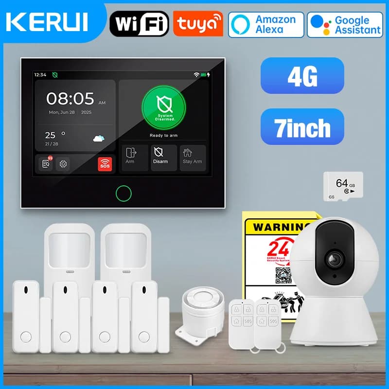 KERUI 4G + WiFi Sistema di allarme antifurto con touch screen IPS da 7 pollici Tuya Smart Home Allarme per la sicurezza dell'appartamento domestico