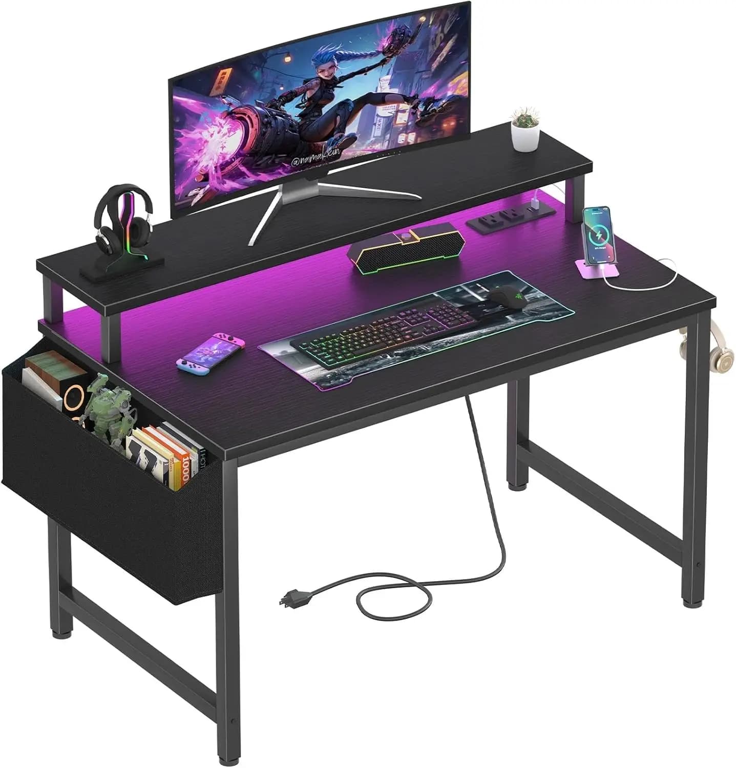 Scrivania piccola da 32 pollici con prese di corrente, luci LED, supporto per monitor e stazione di ricarica per tavolo da studio, gaming e ufficio domestico in nero