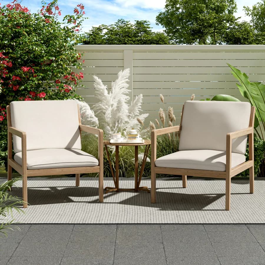 Poltrona da esterno in legno di acacia, set di 2, poltrona da giardino con cuscini, teak chiaro