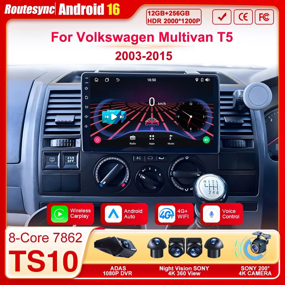 Autoradio Android 16 for Volkswagen Multivan T5 2003-2015, Multimedia player with Touchscreen, 5G Wifi, Carplay, GPS, DSP, BT