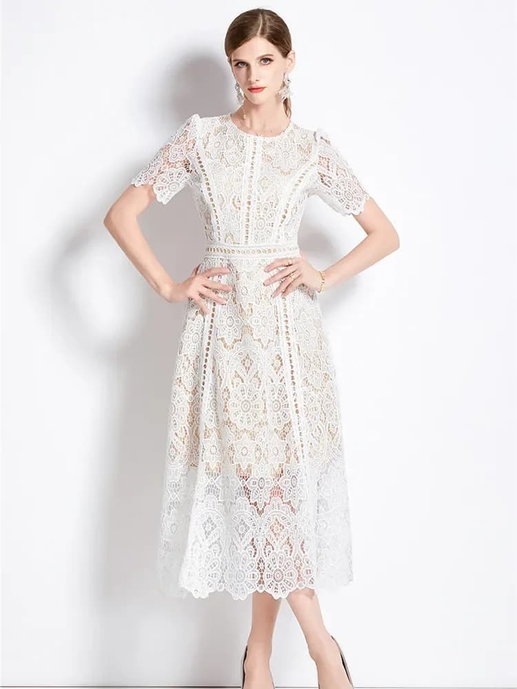 Abiti estivi eleganti in pizzo bianco chic da donna o-collo da ufficio OL moda all'uncinetto scava fuori abiti Elbise abito casual