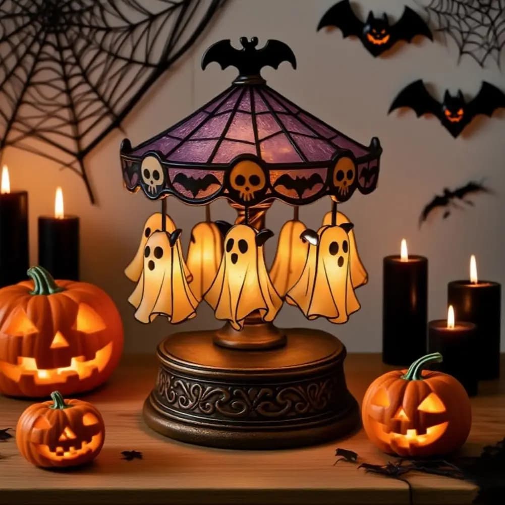 Ghost Carousel Light Stained Glass Carousel Night Light With Halloween Desk Reading Lamp For Bedroom Mantel Tabletop Decor