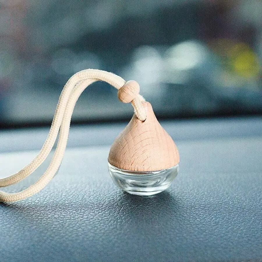 Diffusore elegante per auto a forma di goccia d'acqua - Bottiglia in vetro riutilizzabile con coperchio in legno e