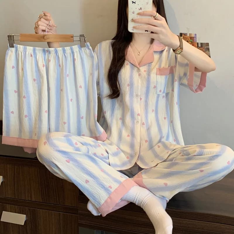Summer New Women's Pajama Home Clothes 3-Piece Set with Floral Collar Loose Comfortable Pajama Short Sleeve Pants Set