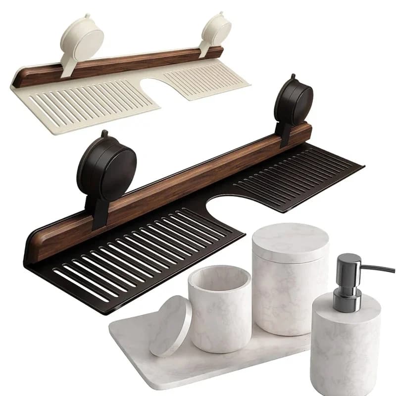 Walnut Suction Cup Bathroom Shelf No Drill Heavy Duty Over Faucet Sink Organizer For Toiletries Cosmetic Storage Bathroom Access