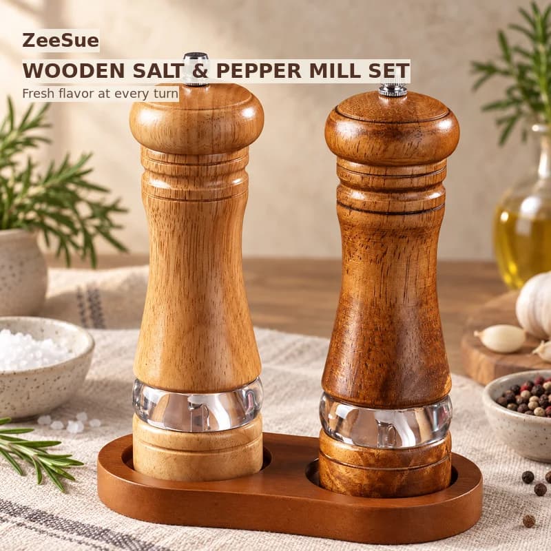ZeeSue 2-Piece Wooden Salt and Pepper Mill Set, Manual Seasoning Grinders with Top Knob and Matching Base for Home Kitchen