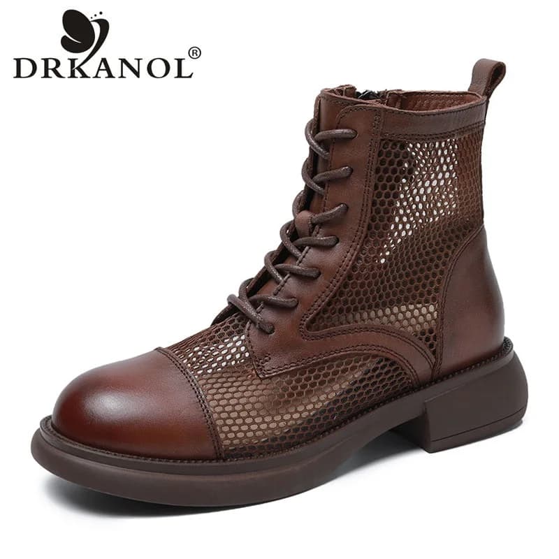 DRKANOL Summer Cool Boots donna stile britannico vera pelle di mucca Air Mesh traspirante tacco piatto stivaletti Casual scarpe da donna
