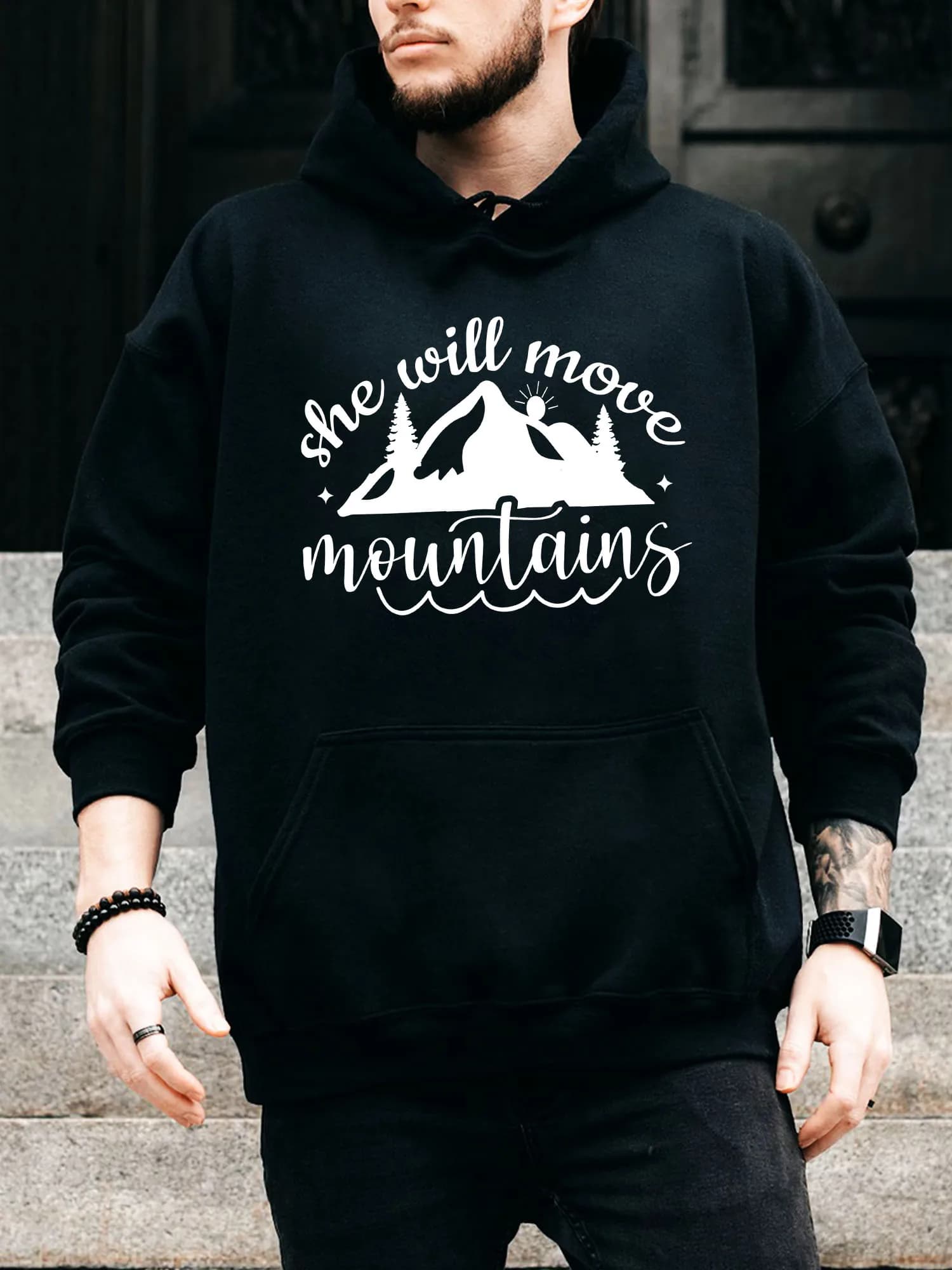 Felpa con cappuccio da uomo con coulisse She Will Move Mountains - Pullover nero casual e confortevole, felpa con cappuccio autunno e inverno