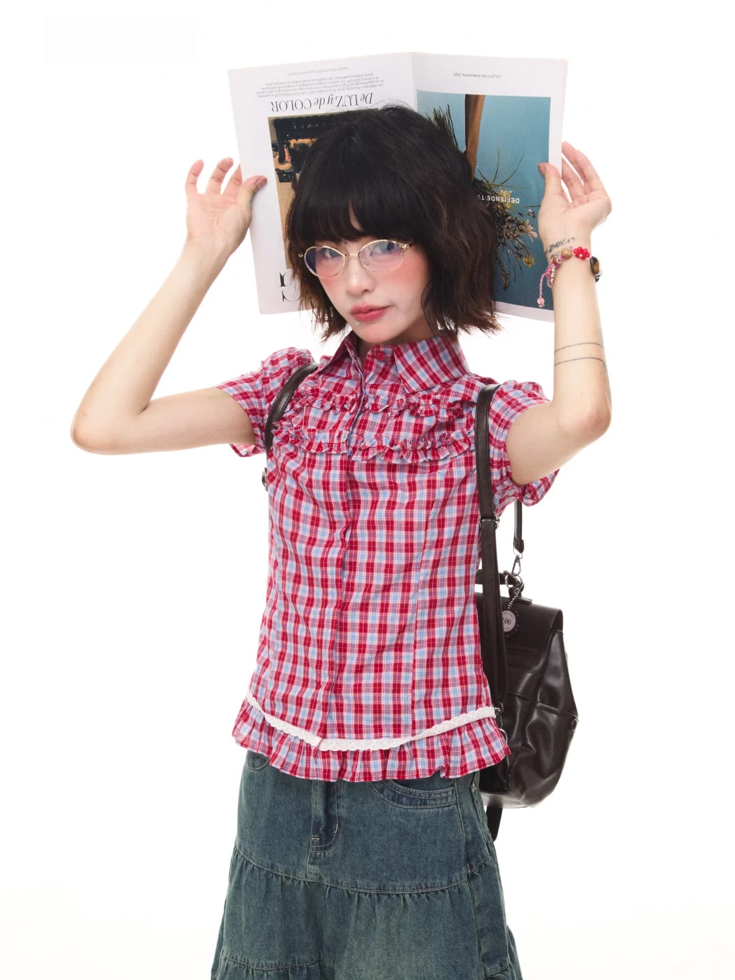 Astrisk Vintage Red Plaid Ruffle Short Shoulder Shirt Women Summer Slimming Retro Sleeveless Top Breathable Cotton Casual Blouse