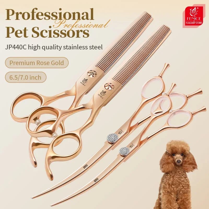 Fenice 6.5/7.0 pollici JP440C Oro rosa Toelettatura di cani da compagnia Forbici curve arrotinate/assicate Cesoie per sfoltire i denti senza traccia/a forma di V