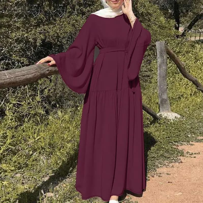 ZANZEA Hijab Women's Long Dress Modesto Style with Collo in O, Maniche Svasate and Belt, Abaya for Eid, Moslem Long Sleeves for Ramadan