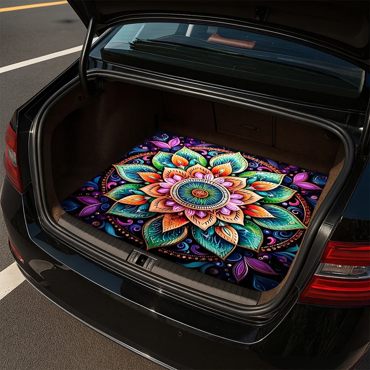 Mandala Lotus Trunk Mat, Yoga Cargo Liner, Stain-Resistant Boot Protector, Universal Fit Car Accessories, Durable & Easy Clean