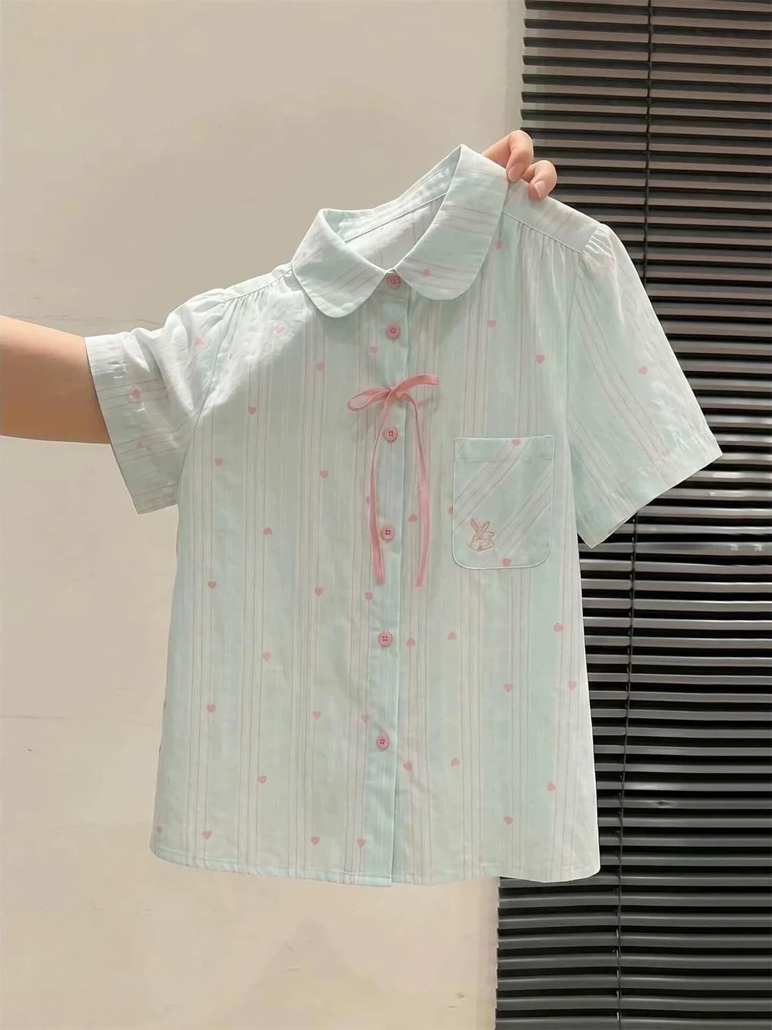 Mint Green Striped Short Sleeve Shirt Women's Summer Fashion Doll Collar Slimming Dopaamine Top Heart Print Korean Style