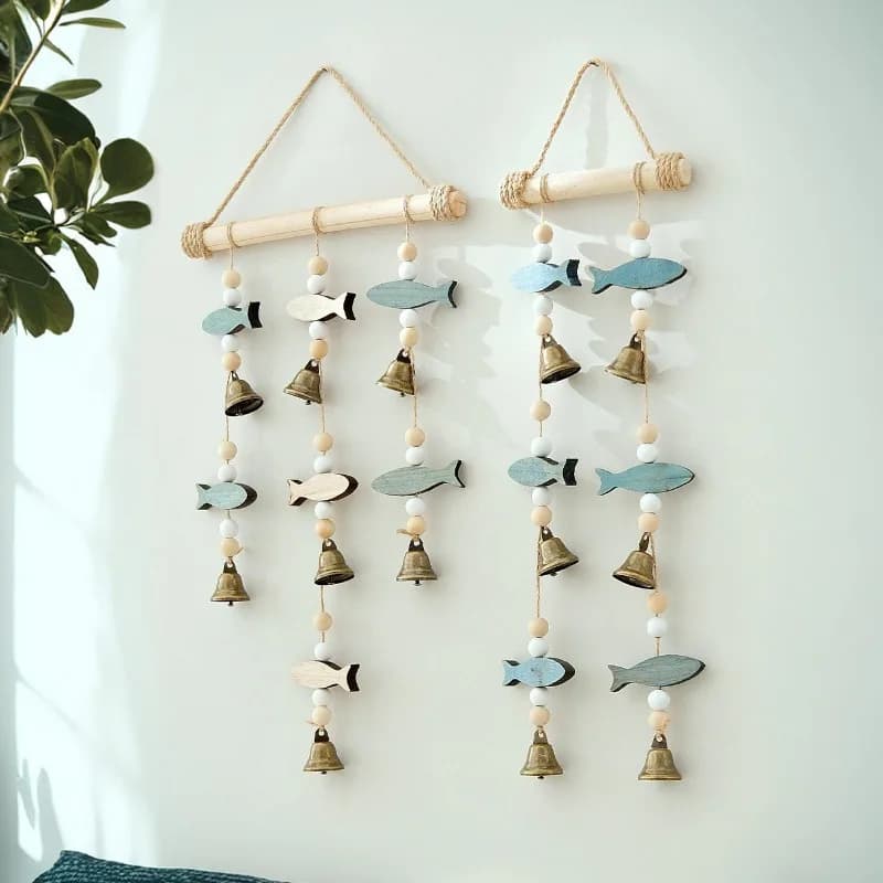 Mediterranean Style Double-Sided Fish Bell Wind Chime Wooden Wall Art Decor with Jute Rope Nordic Inspired Home Room Ornament