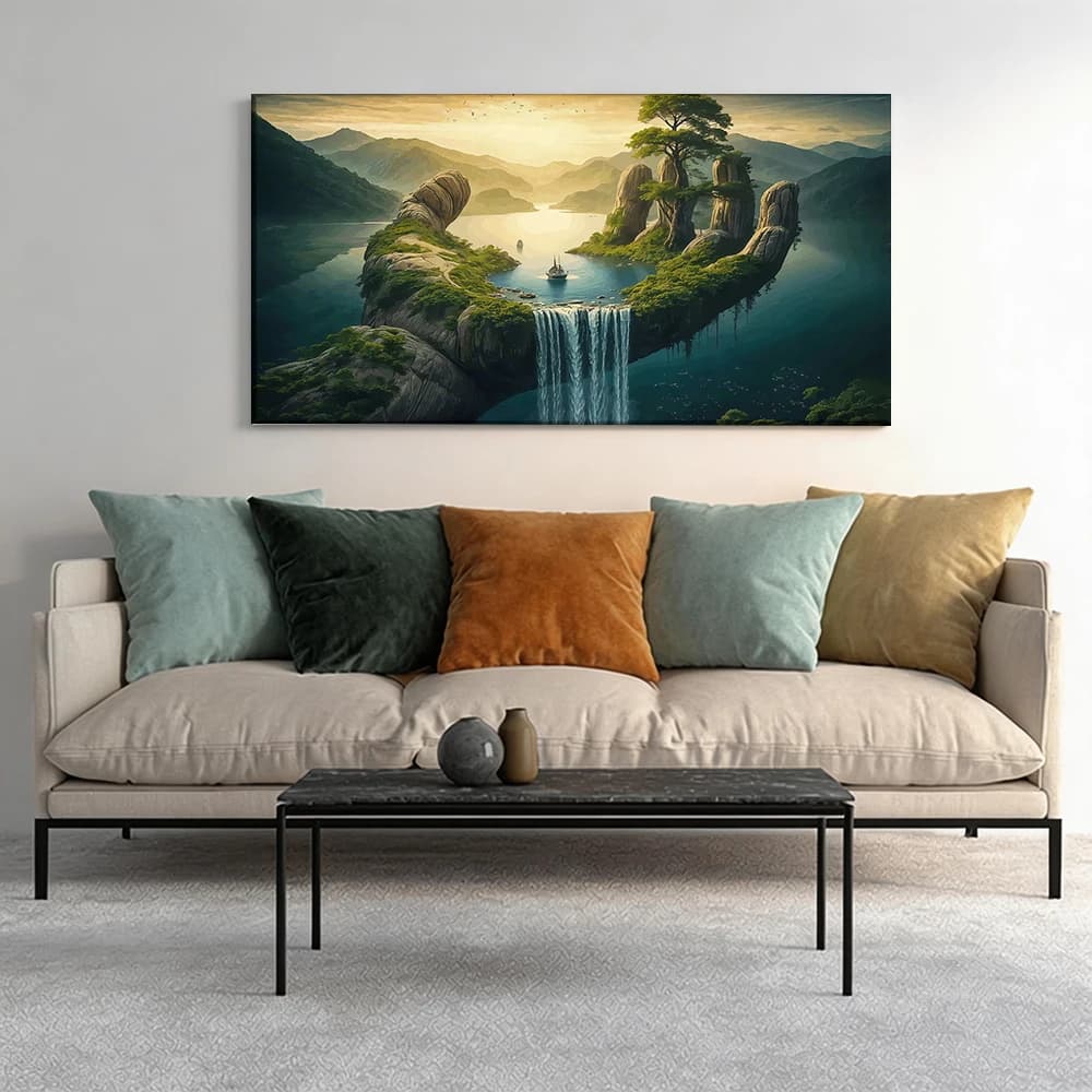 Painted on canvas with large wooden frame, 1 piece, Landscape: rocks, waterfall.