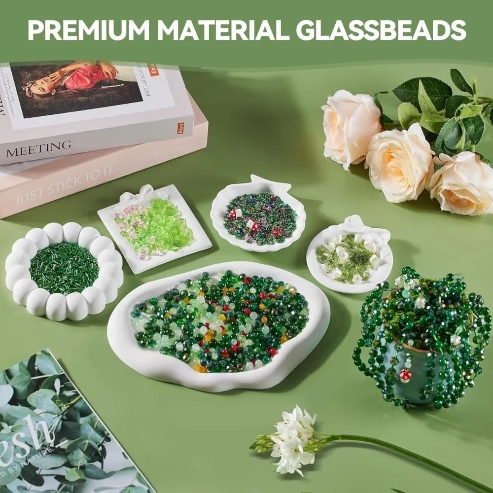 Green Glass Potted Plants Beads with Plant Pots Handmade Beaded Plant Kit Crystal Leaf Pieces DIY Orchid Set for Plant Lovers