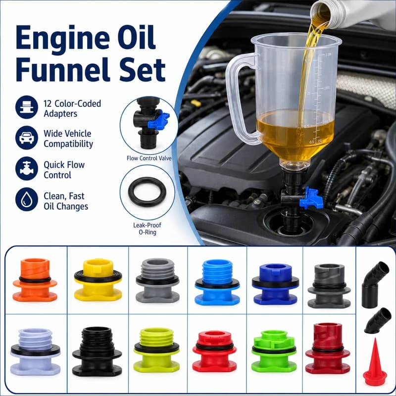 17pcs Engine Oil Funnel Set, 1.5L 1.36 Qt Automotive Oil Funnel Kit W/12 Adapters, Elbow Fitting, Arrow Screen Magnetic Storage
