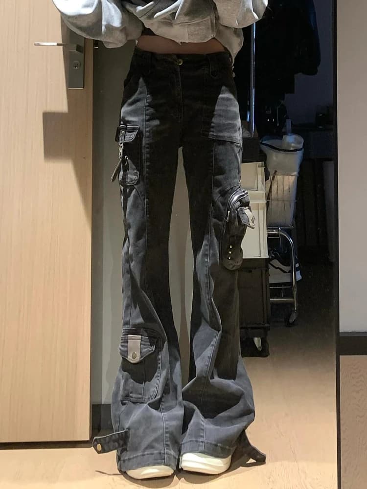 Retro American Street Heavy Duty Washed Pocket Workwear Jeans Men's Punk Straight Leg Micro Flare Casual Long Trousers Trendy