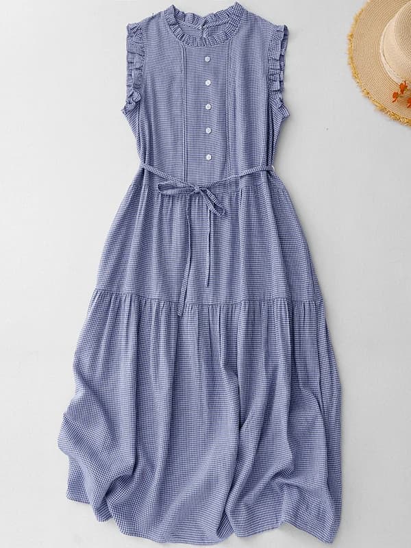 Authentic Summer 2026 Long Sleeveless Blue Plaid Lace Dress Cotton A-Line Dress Comfortable Breathable Commute Friendly Dress