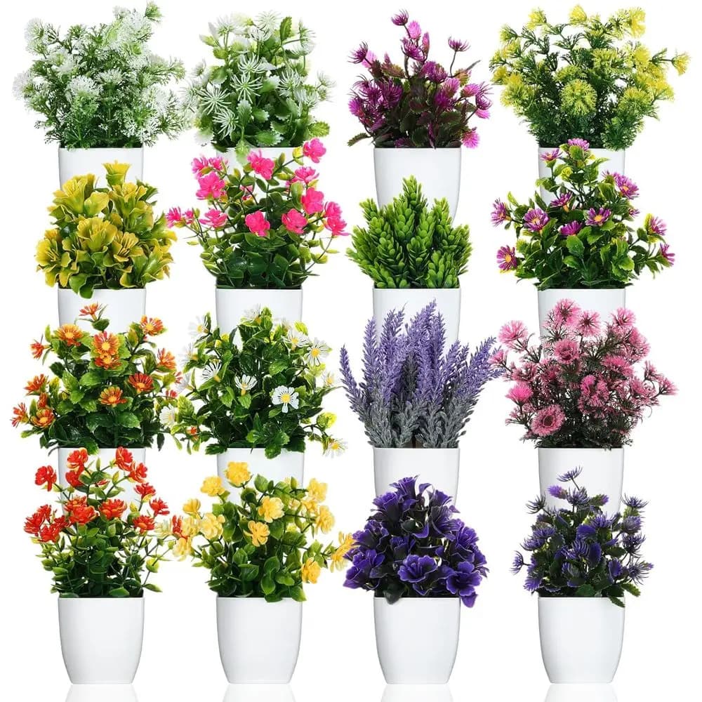 Set of 16 Artificial Plants in Mini Home Decoration Vases, Office and Weddings