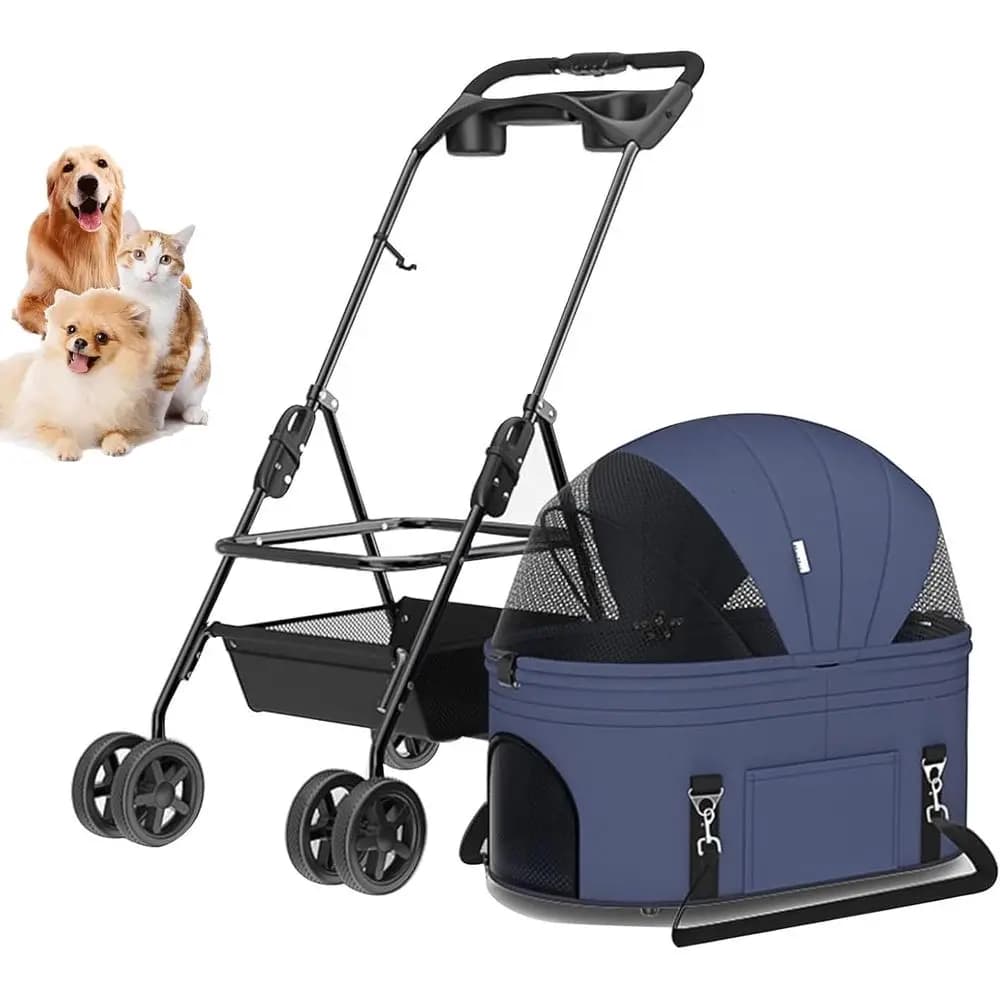 Passeggino per animali domestici a 4 ruote per gatti, cani e piccoli animali - Portaoggetti da viaggio con portabicchieri e cestino, blu