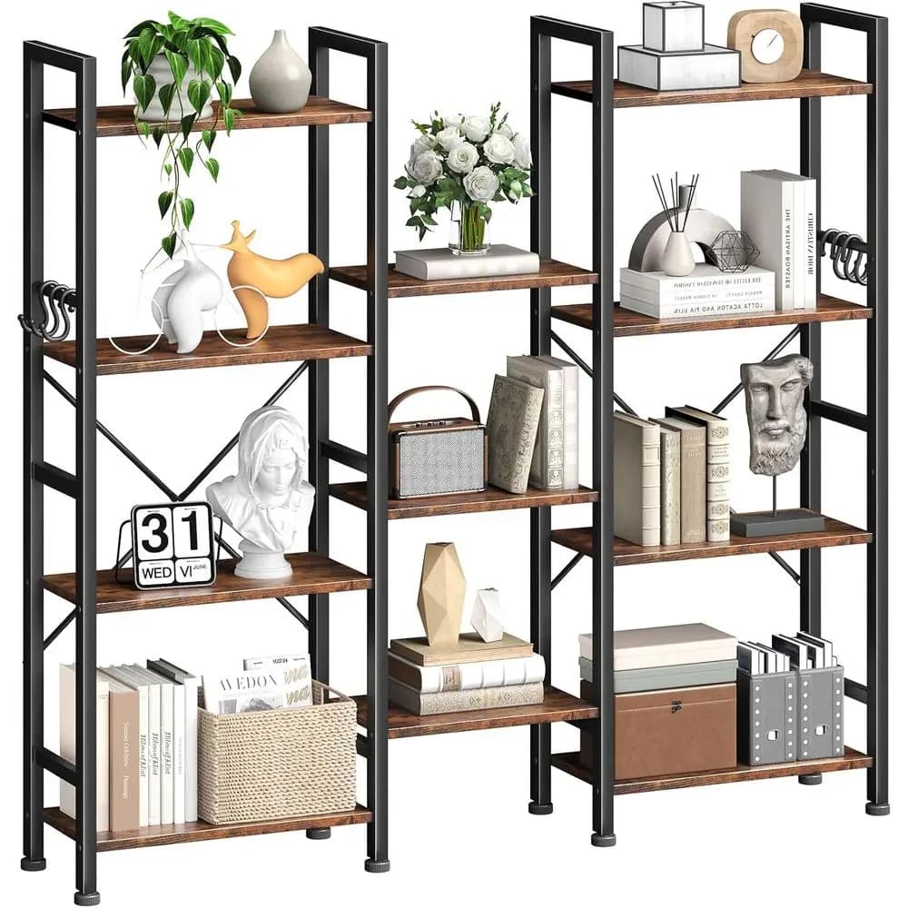 3-Tier Bookshelf with 11 Shelves and 6 Hooks, Rustic Storage Organizer for Living Room or Home Office