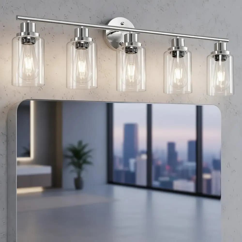 Lampadario a 5 luci per bagno, illuminazione da bagno in nichel spazzolato con paralumi in vetro trasparente, adatto per specchi, cucine, corridoi e