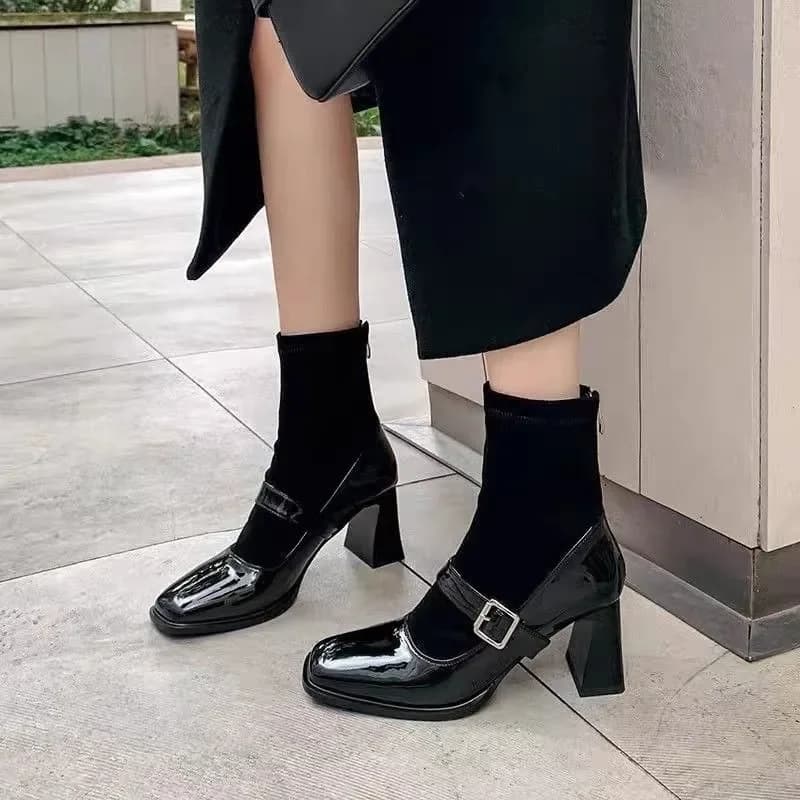 Korean Patent Leather Square Toe Mary Jane Block Heel Stretch Skinny Boots High Heel Temperament Booties Women