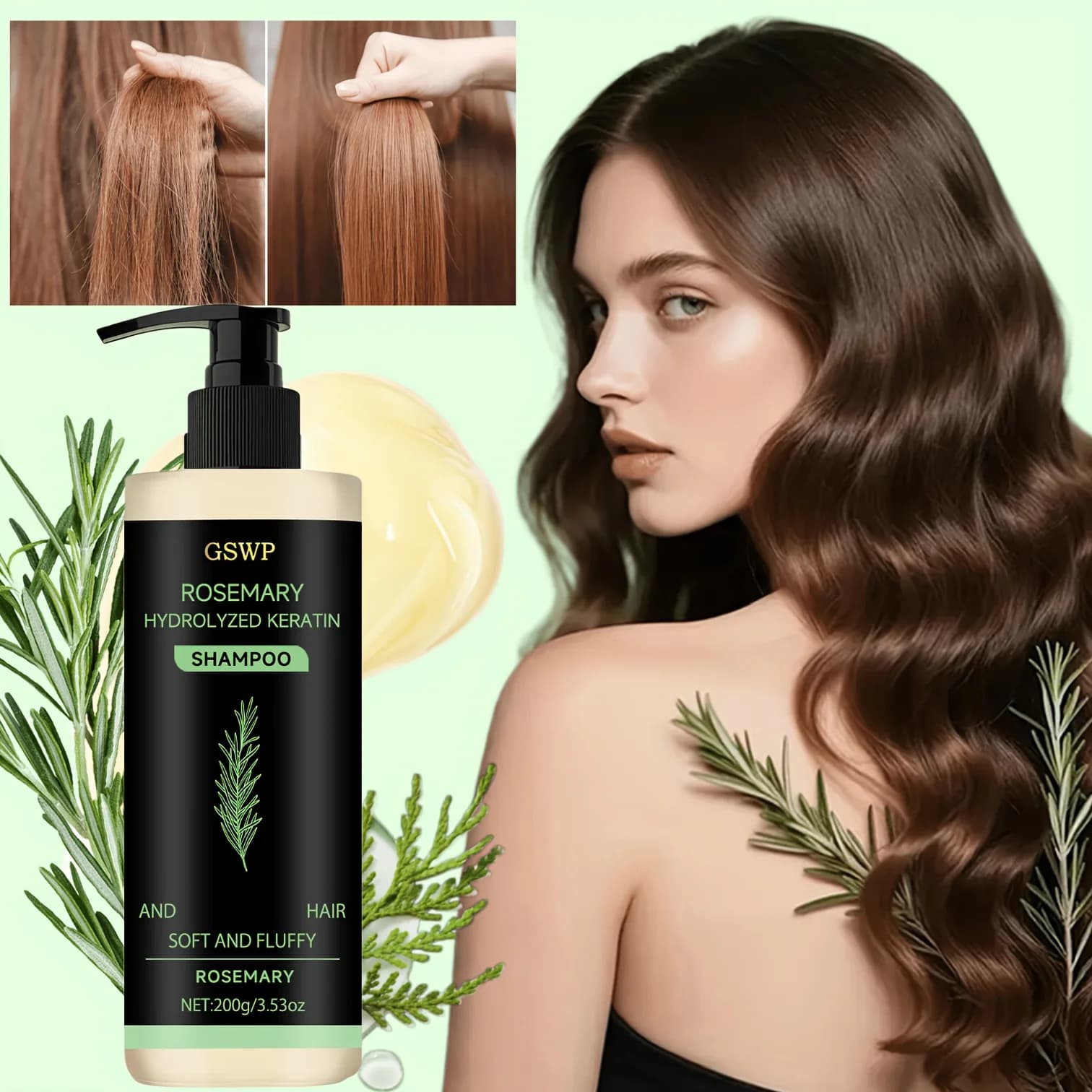 GSWP rinforza lo shampoo al rosmarino, con biotina e cheratina, deterge i capelli, ripara i capelli secchi e danneggiati. 200g