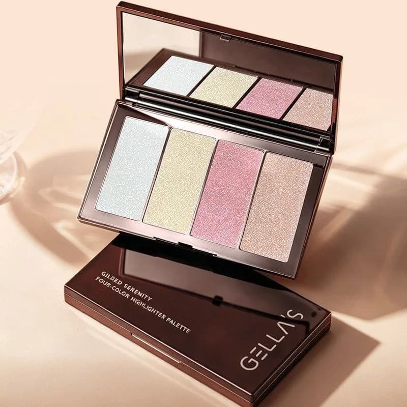 Gellas 4-Color Baked Highlighter Palette Diamond Shimmer Glow,Pore-Blurring Ultra-Fine Powder,Multi-Use Face & Eye Illuminator