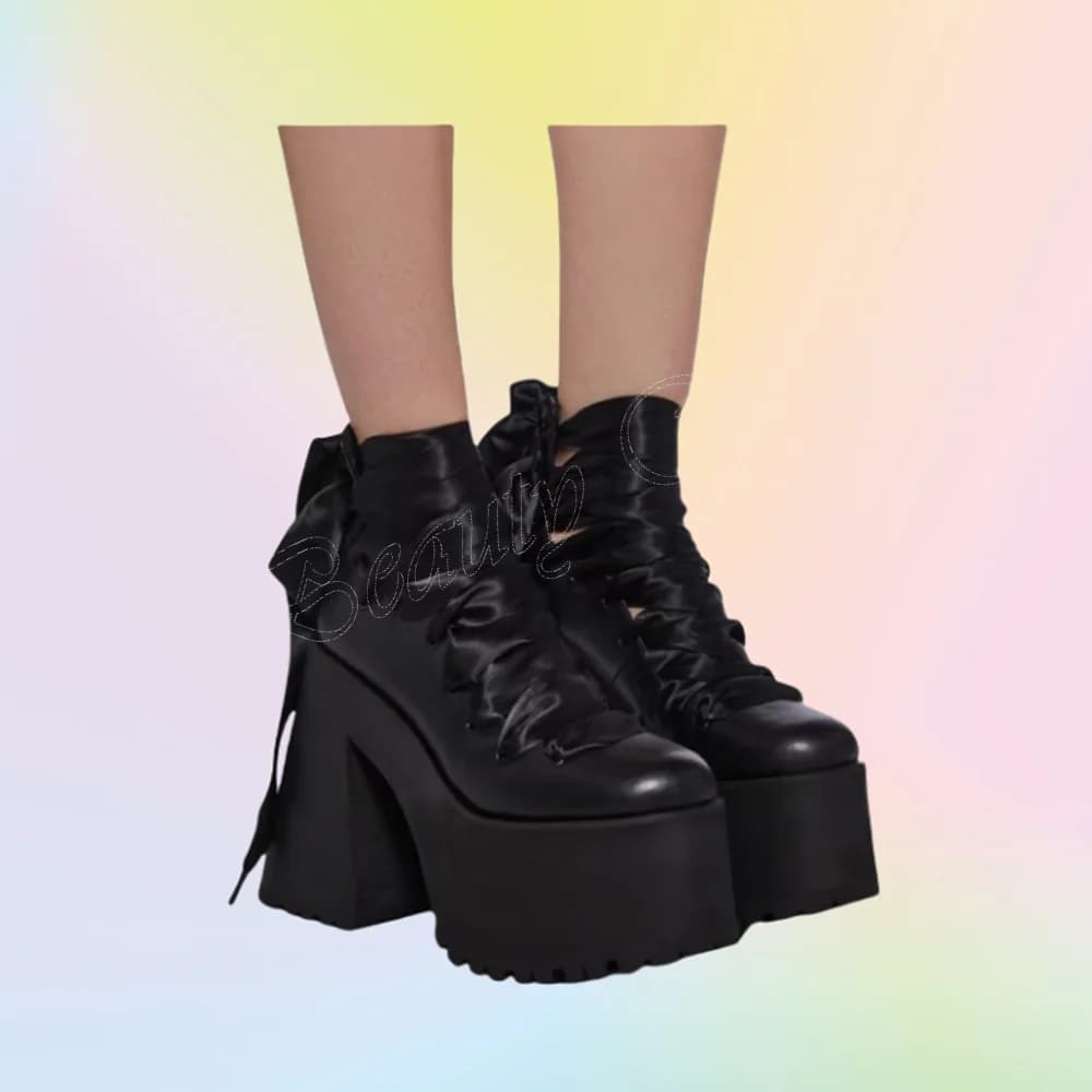 Stivaletti stringati in seta nera con plateau stile strano tacco grosso scarpe con tacco alto per scarpe da donna 2024 Zapatos Para Mujere