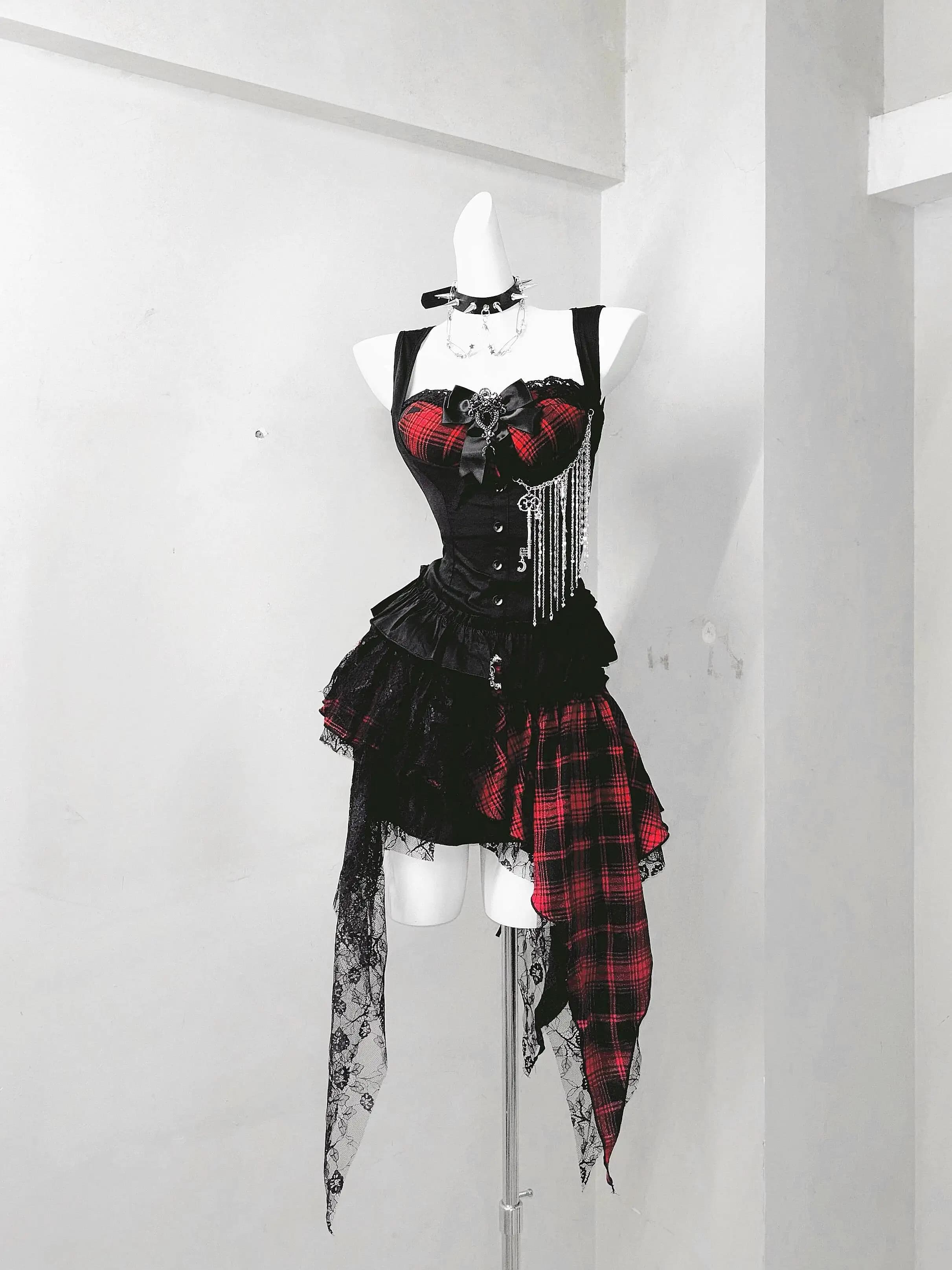 Striped Revolution*TDH Heavy Industry Red And Black Plaid Dark Gothic Uniform Skirt Set Punk Chain Two-Piece Dress
