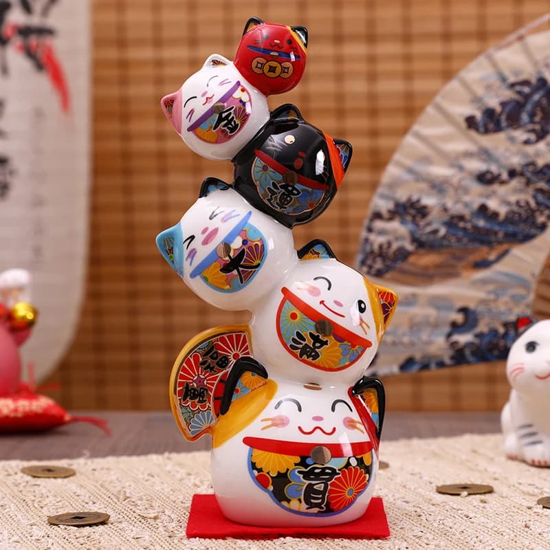 22cm Ceramic Daruma Tower porcellana giapponese Maneki Neko Lucky Cat Figurine da collezione Dharma Good Luck Zen Statue