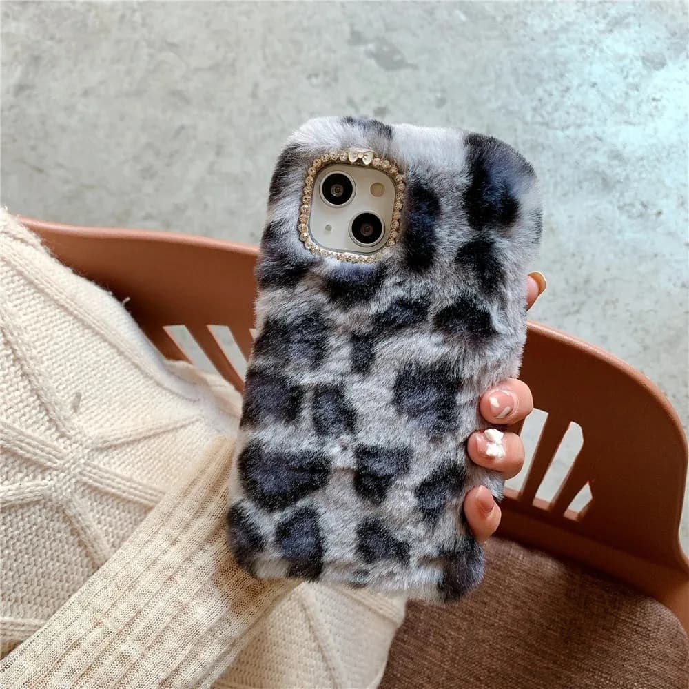 Winter Warm Plush leopard Phone Case For iPhone 11 12 13 14 15 16 17Pro Max Plus luxury leopard print Furry fluffy fur Shell