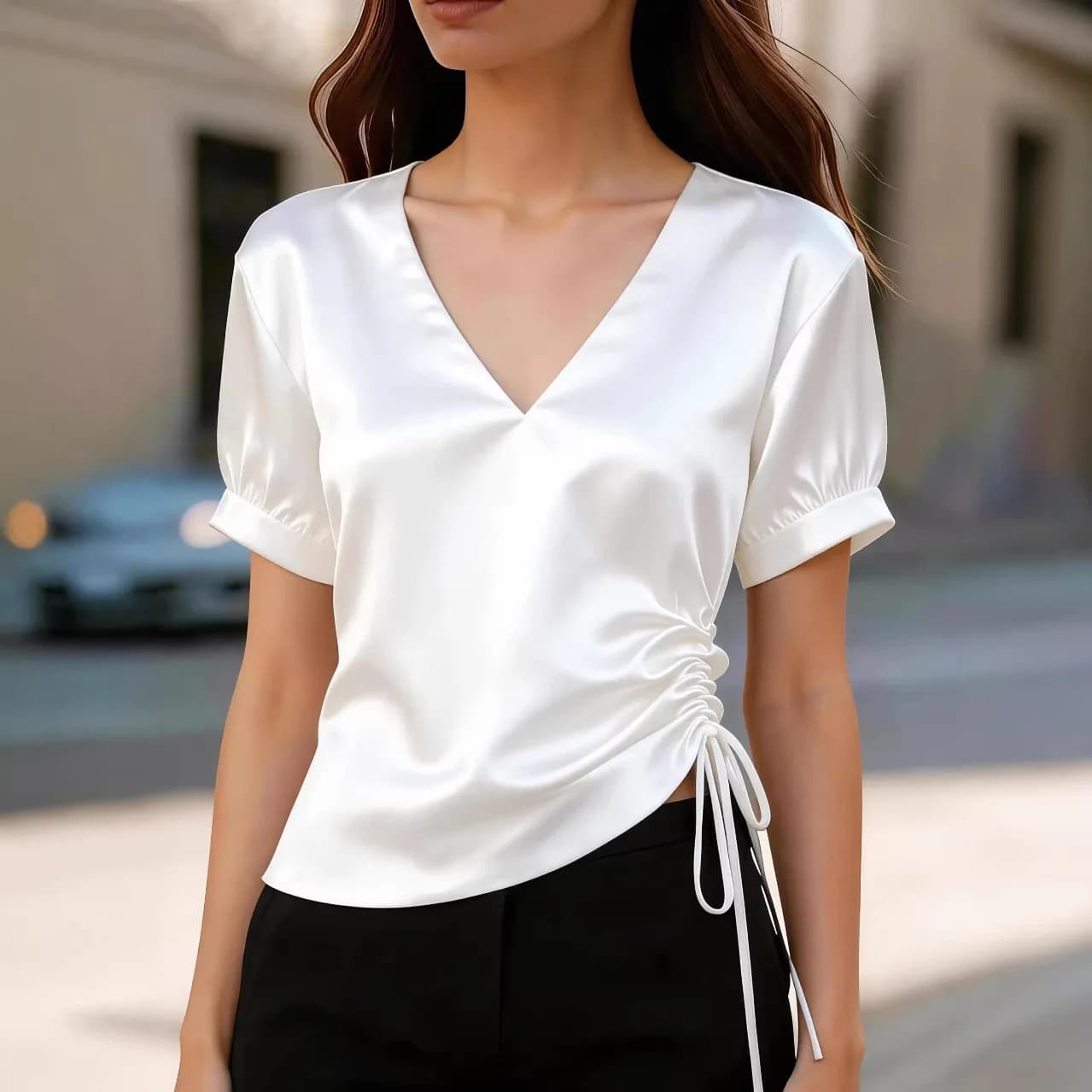 Women V Neck Puff Short Sleeve Satin Blouse Side Drawstring Ruched Slim Fit Elegant Formal Business Office Commuter Crop Top