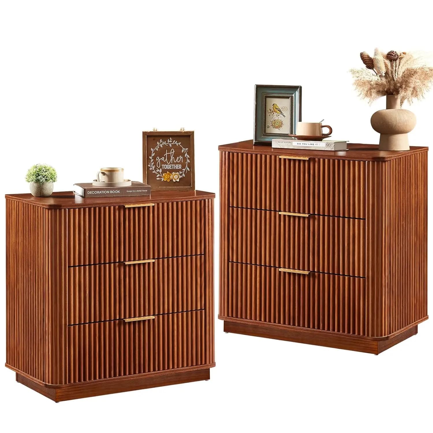 Set di 2 Comodini Scanalati da 23,6 Pollici con 3 Grandi Cassetti, Maniglia in Metallo Stile Mid-Century, Tavolino da Comodino in Legno per Camera da Letto e Soggiorno, Personalizzabile