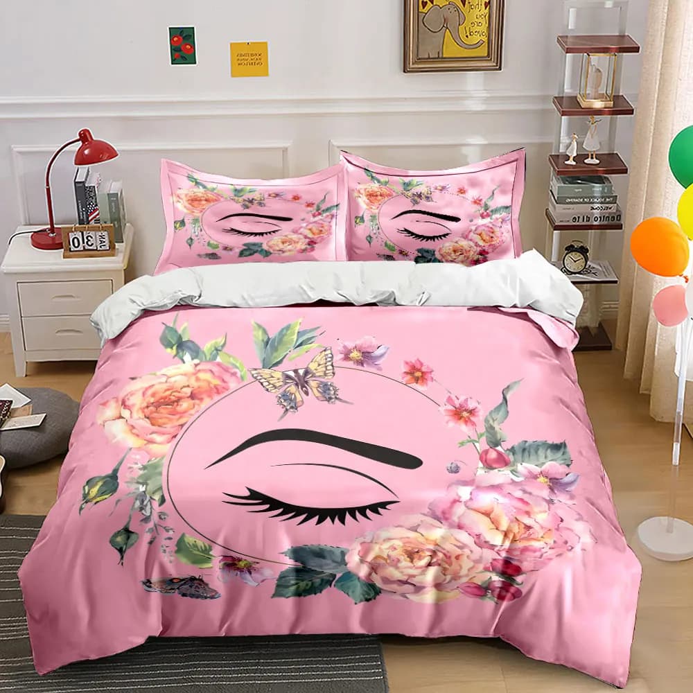 Set di Biancheria da Letto 3 Pezzi con Motivo Floreale Rosa, Copripiumino con Stampa di Rose e Farfalle ad Acquerello, 2 Federe, Misura King Queen, Regalo