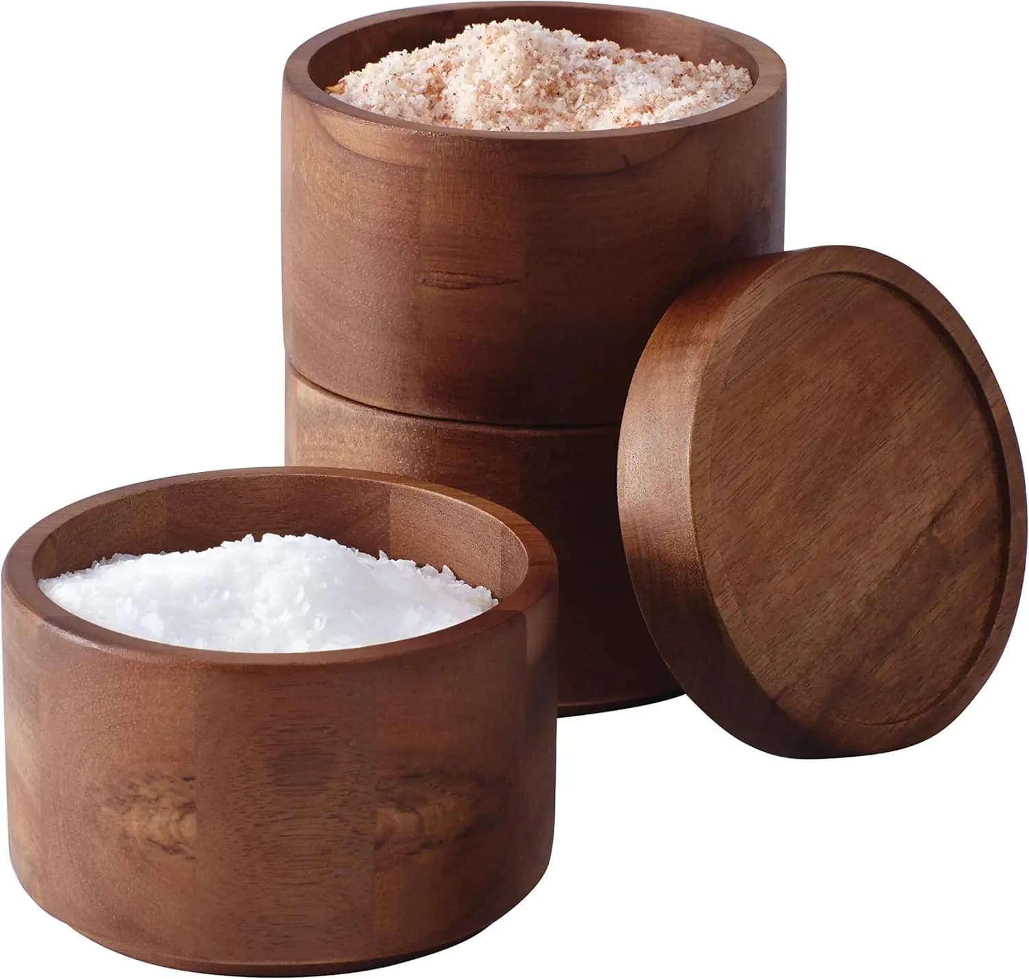 Set di 3 Contenitori Impilabili in Legno per Sale e Spezie con Coperchio, Scatola per Condimenti in Legno di Acacia