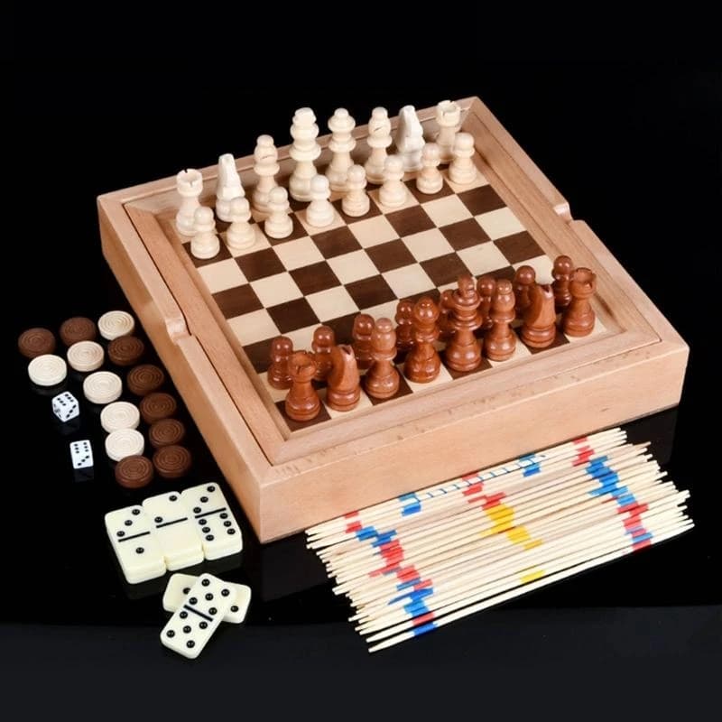 Set scacchi e dama in legno con cassetto portaoggetti Set giochi da tavolo 5 in 1 per bambini Genitori Set scacchi da