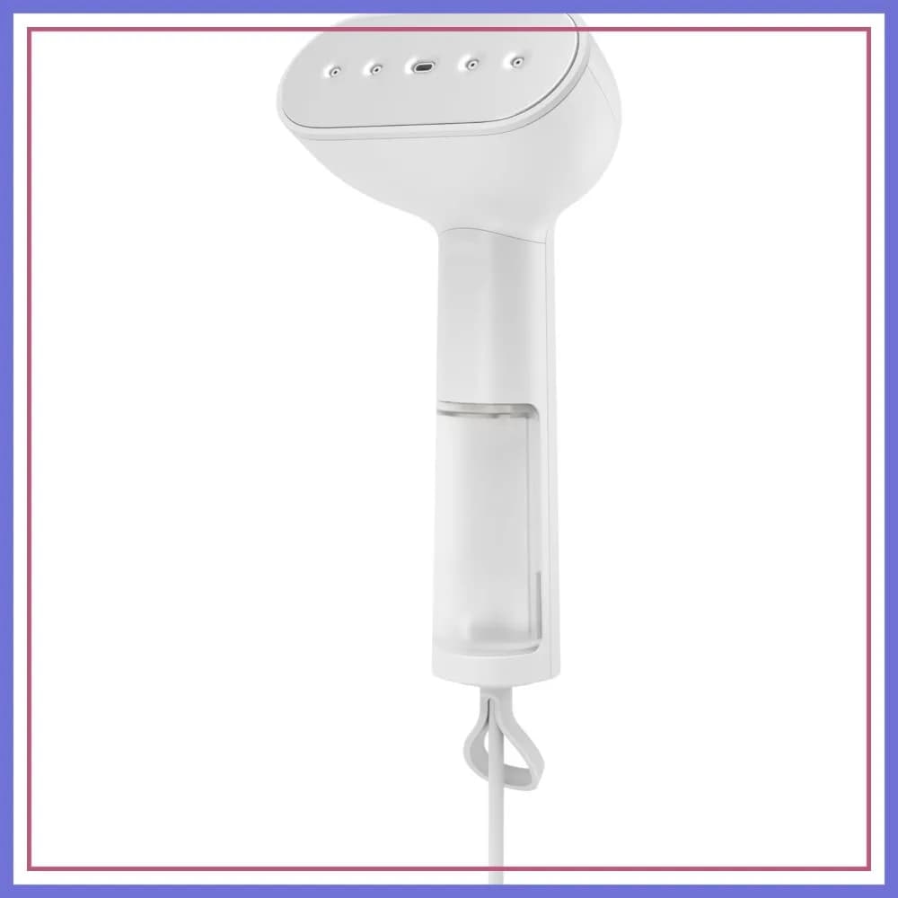 Vaporizzatore Portatile per Vestiti 1350W, Riscaldamento in 15s, Vapore Secco, Serbatoio Visibile, Gancio Appendiabiti, Ideale per Viaggi, Bianco
