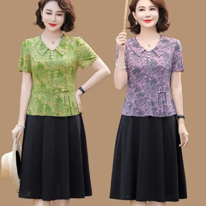 Summer Fashionable Splice Short Sleeve Dress plus Size High End Fake Two-Piece Mid-Aged And Elderly Women Meat Concealing Sli...