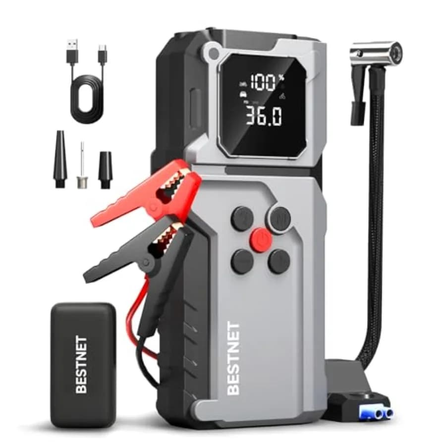 Avviatore di Emergenza Q27 con Compressore d'Aria 3000A, Booster Portatile per Batteria Auto, Gonfiatore Pneumatici 150PSI, Cavi di Avviamento Rossi con LED