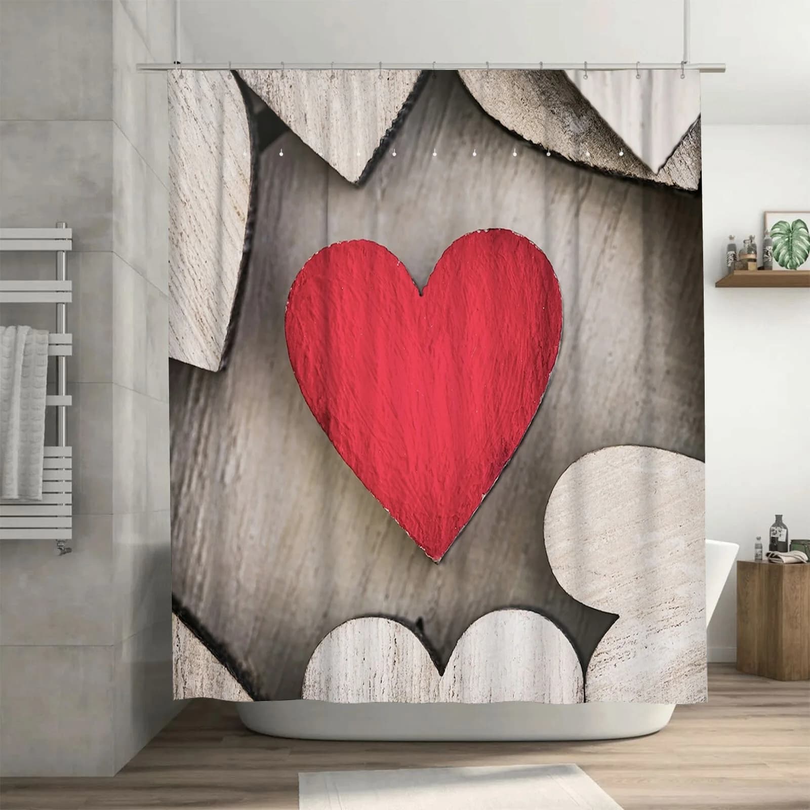 Tenda da doccia 3D con cuore rosso su legno | Decorazione da bagno rustica e romantica