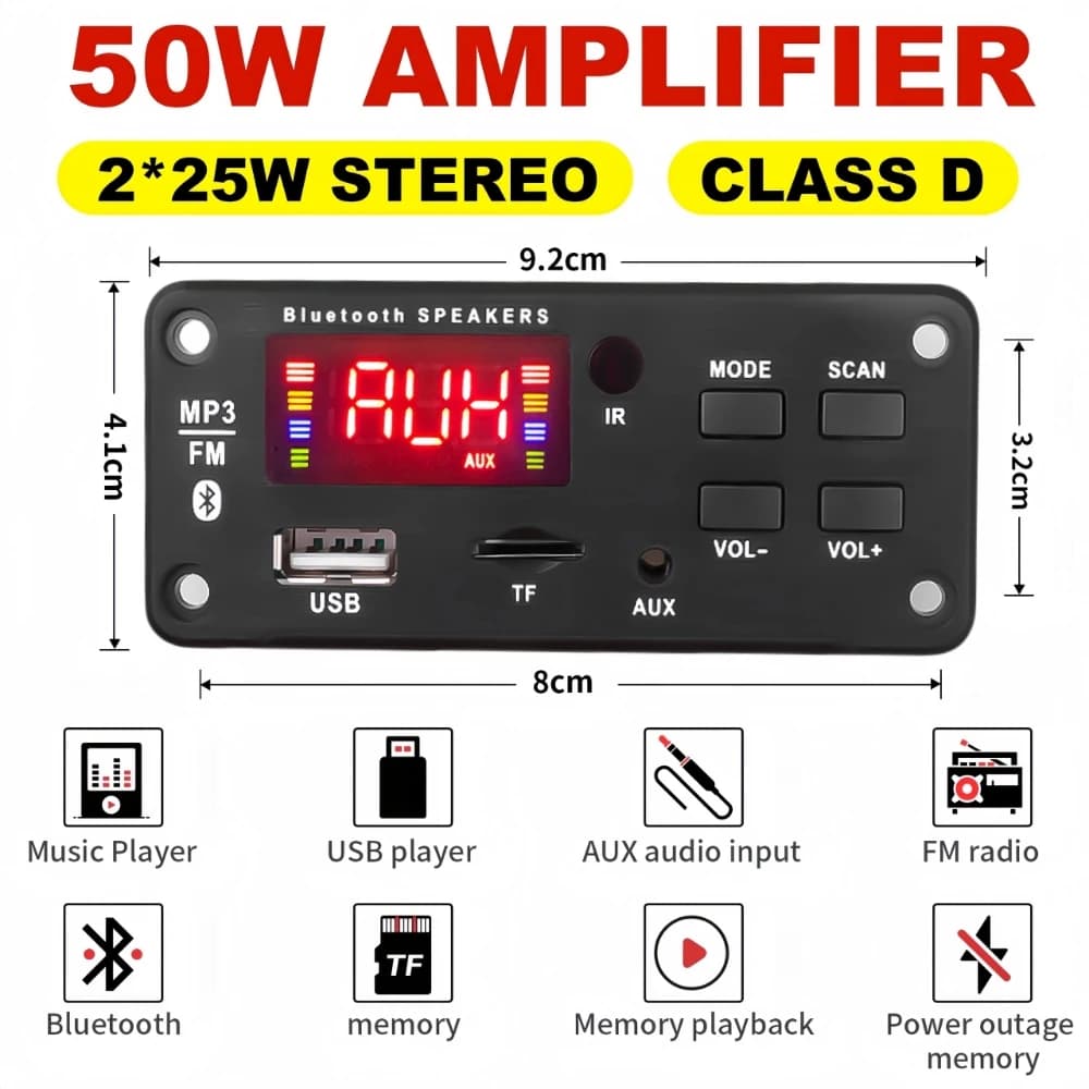 2*25W 50W amplificatore Bluetooth 5.0 MP3 decodificatore scheda audio DC 12V USB alimentatore TF FM Radio lettore MP3 per altoparlante musicale per auto