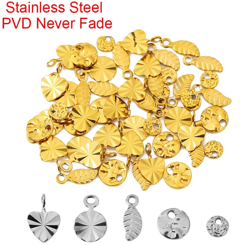 30pcs Never Fade Stainless Steel Extension Chain End Beads PVD Heart Leaf Charms For DIY Jewelry Necklace Bracelet Accessories