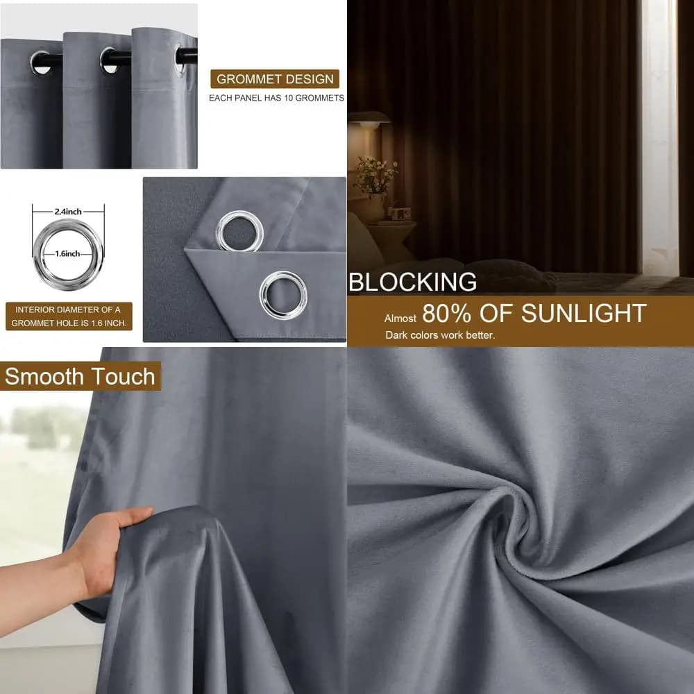 Grey Velvet Larghe Curtains - Length 96, with Mirror Eyelets, Thick, Dark, for Privacy, Home Decoration, L60 x L96, 2 Panels