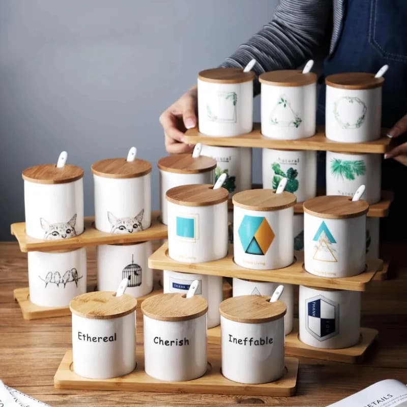 Scatola portaoggetti per condimenti da cucina, barattolo per spezie in ceramica, set da 3 pezzi con pallet in legno, combinazione per uso domestico
