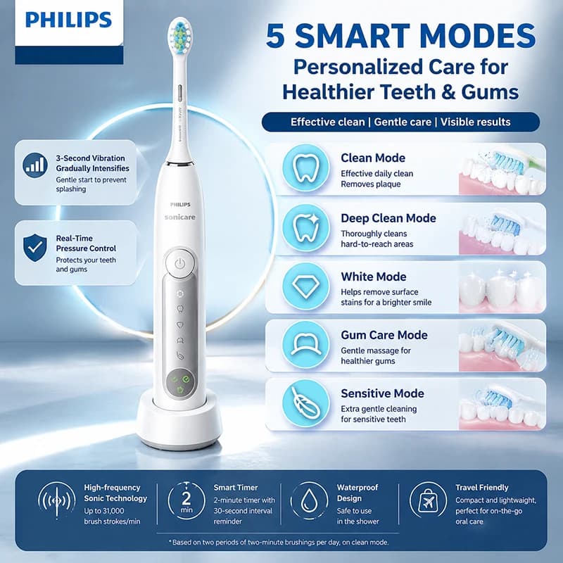 Philips HX5282 Electric Toothbrush 5 Modes of Vibration Gradually Increasing Sensing 60 Day Battery Life Deep Cleaning of Teeth