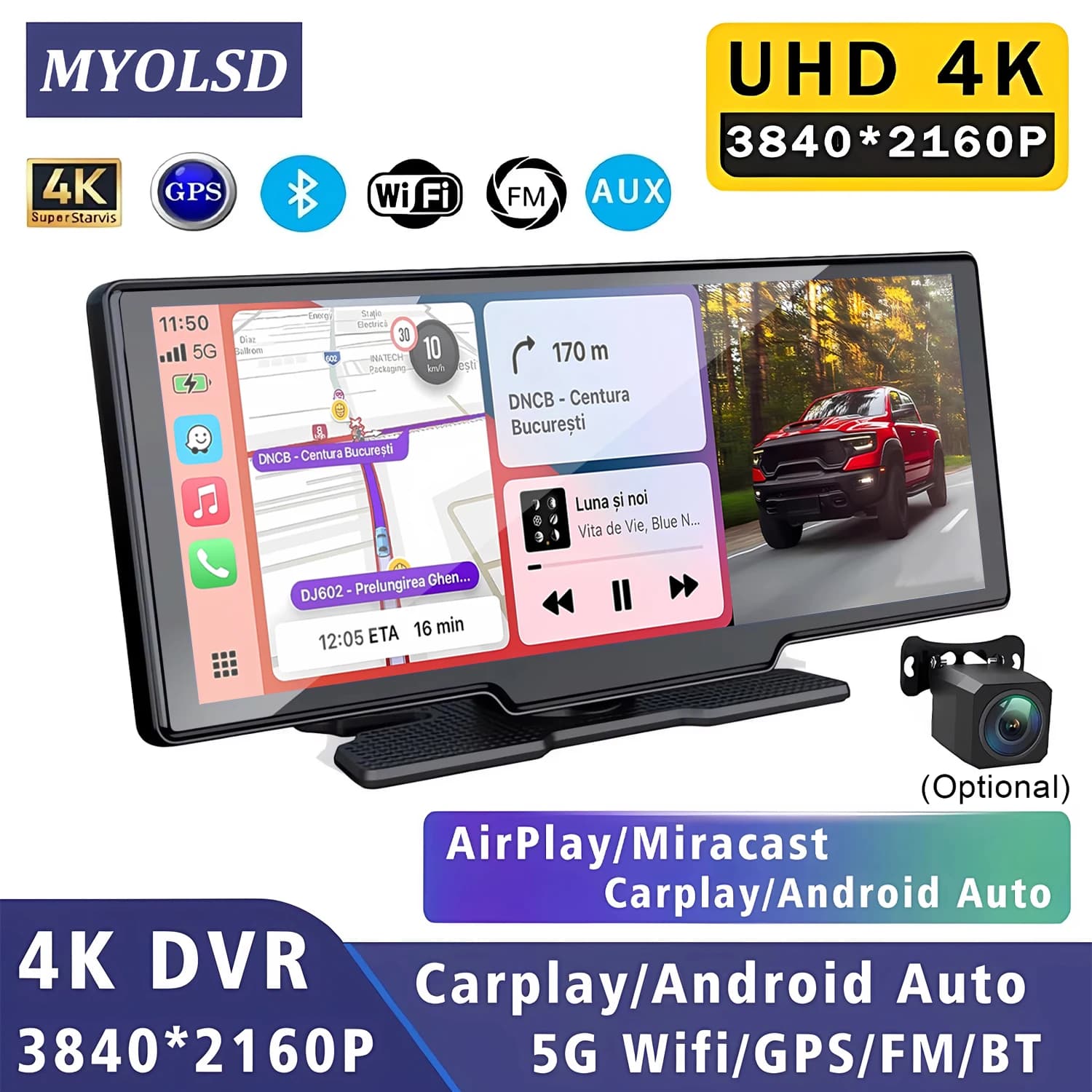 Dash Cam 4K 3840*2160P con Carplay, Android Auto, GPS, WiFi 5G, Specchietto Retrovisore con Telecamera, Registratore di Guida, FM, BT