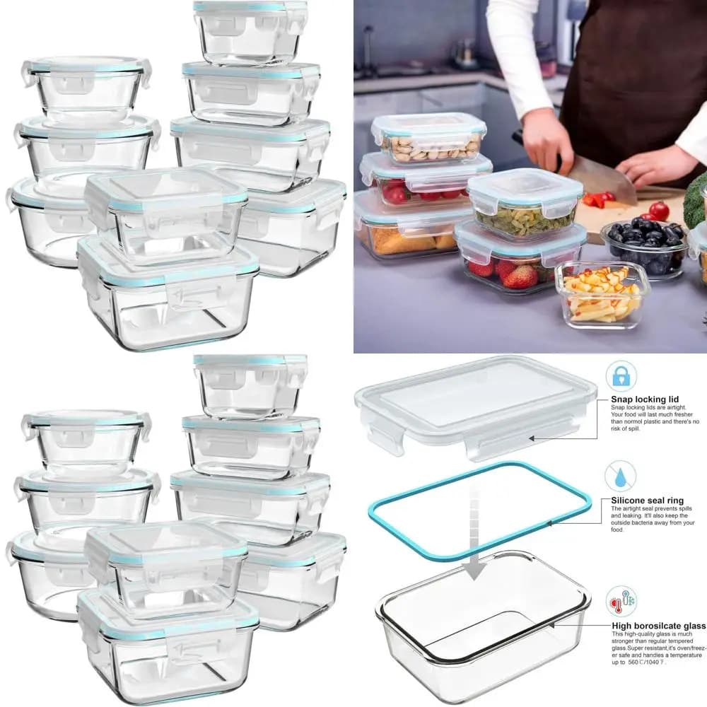 Contenitori per alimenti in vetro da 18 pezzi con coperchi, set di preparazione dei pasti a prova di perdite, senza BPA